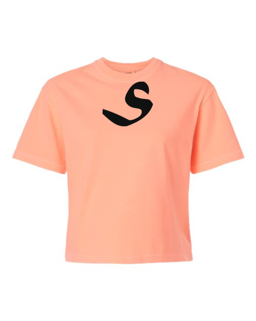 Alphabet S T-Shirt 9 inch calligraphy Black ink, Neon Cantaloupe