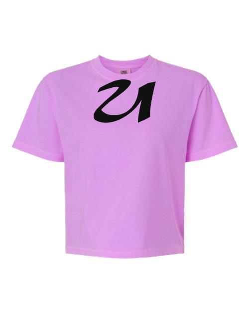 Alphabet U T-Shirt 9 inch calligraphy Black ink, Neon Violet