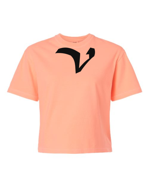 Alphabet V T-Shirt 9 inch calligraphy Black ink, Neon Cantaloupe