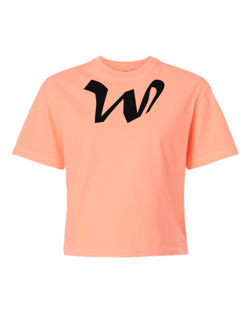Alphabet W T-Shirt 9 inch calligraphy Black ink, Neon Cantaloupe