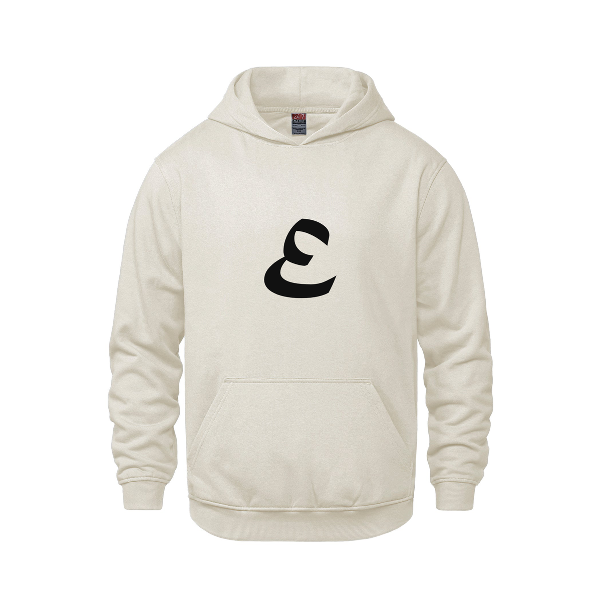 Alphabet E Hoodie 9 inch calligraphy Black ink, Ivory