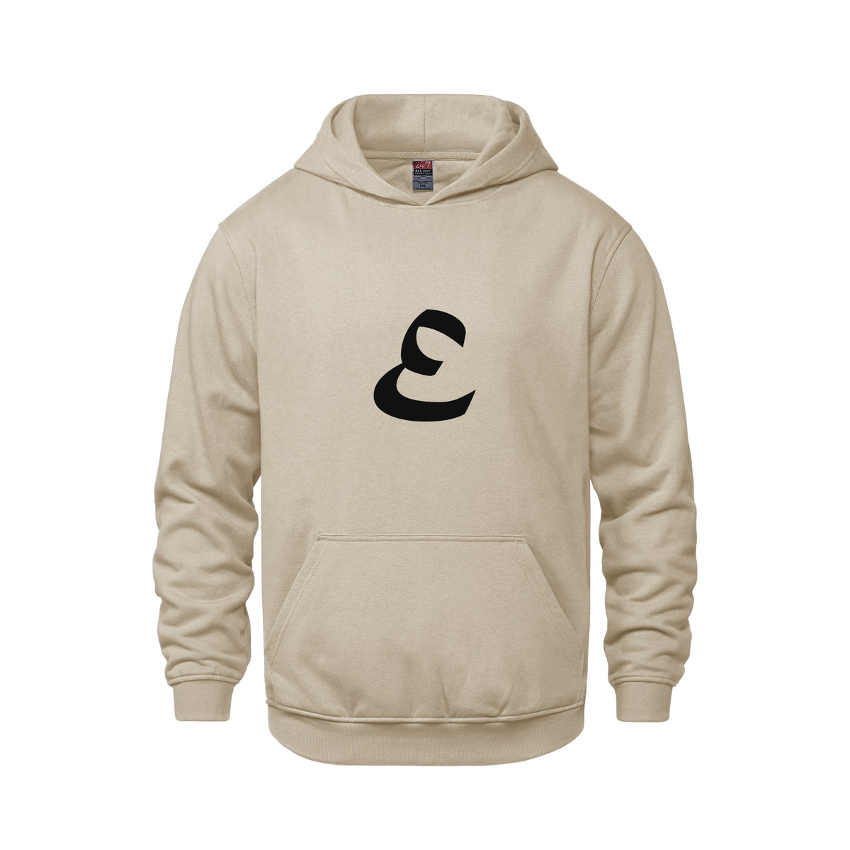 Alphabet E Hoodie 9 inch calligraphy Black ink, Sand