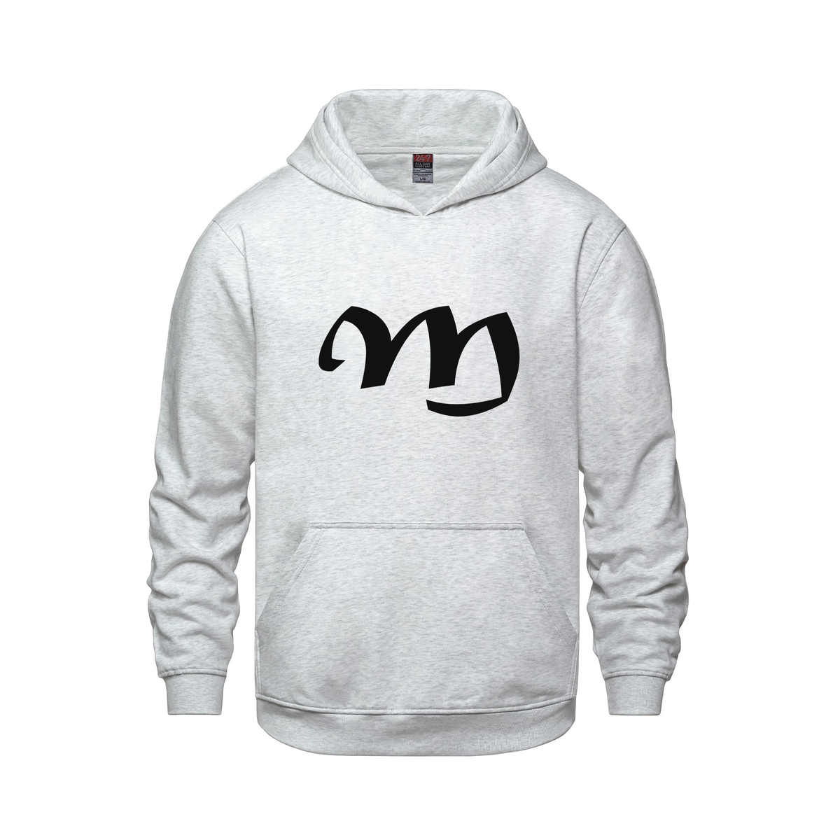 Alphabet M Hoodie 9 inch calligraphy Black ink, Ash