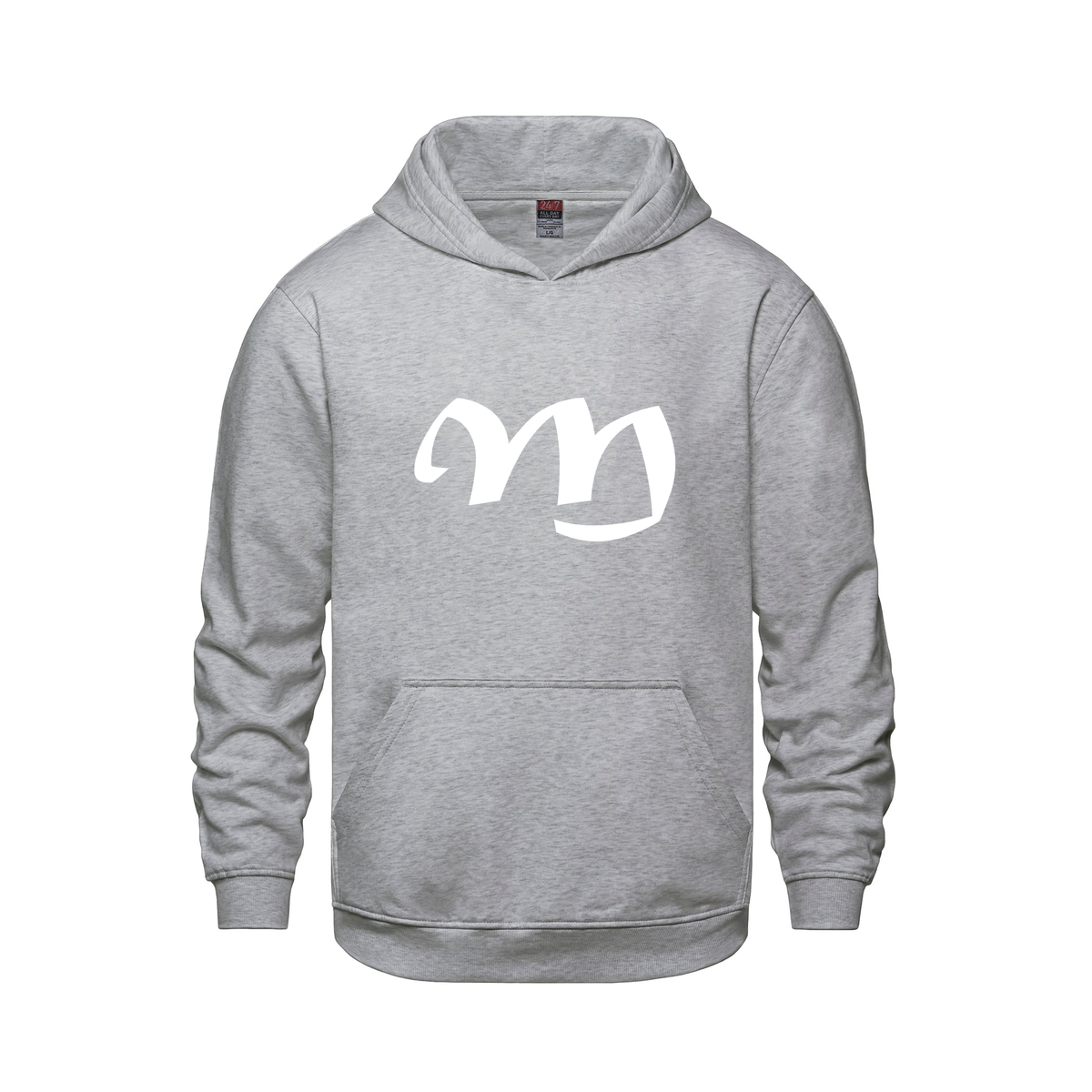 Alphabet M Hoodie 9 inch calligraphy White ink, Athletic Grey