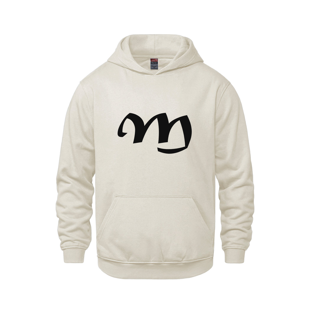Alphabet M Hoodie 9 inch calligraphy Black ink, Ivory
