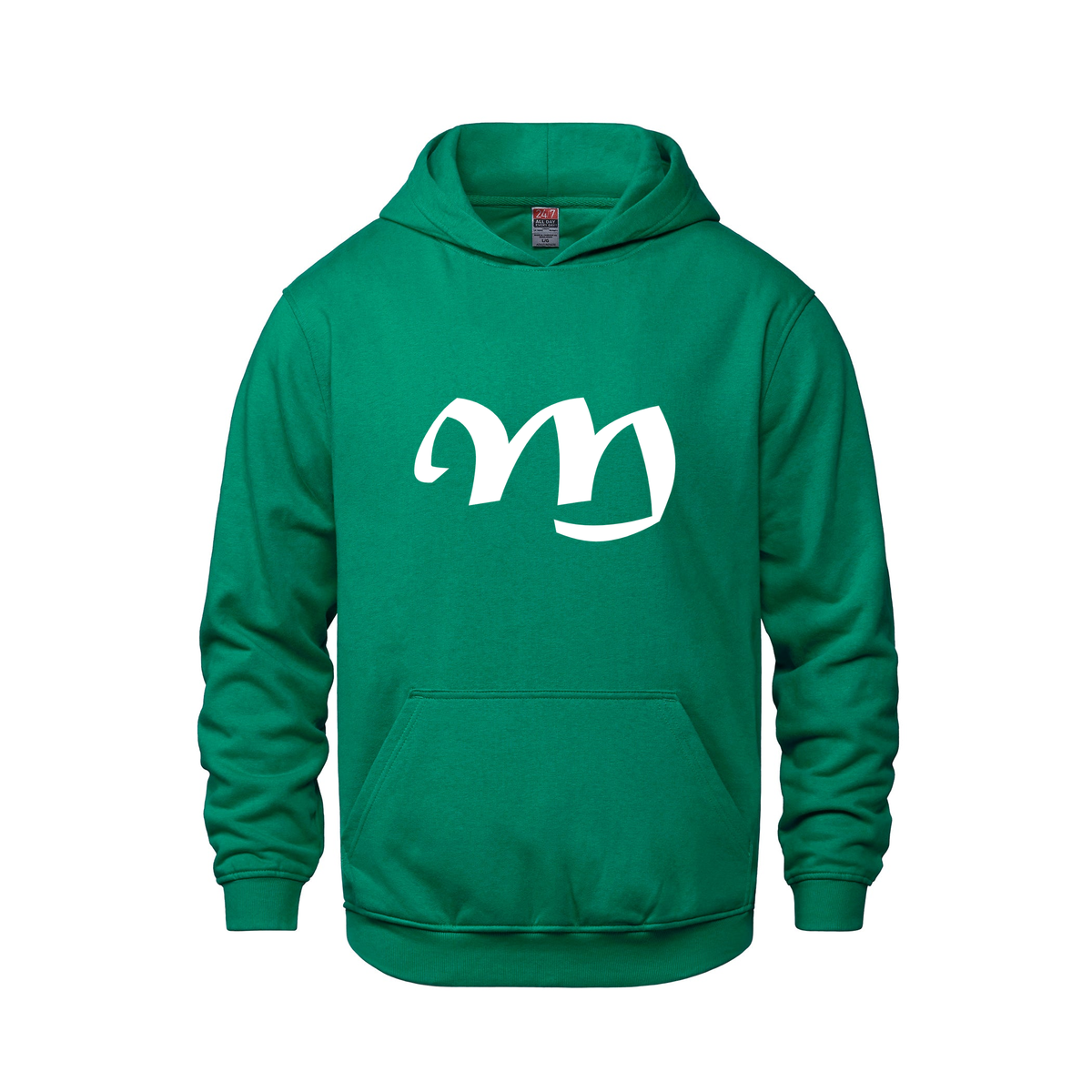 Alphabet M Hoodie 9 inch calligraphy White ink, Kelly Green