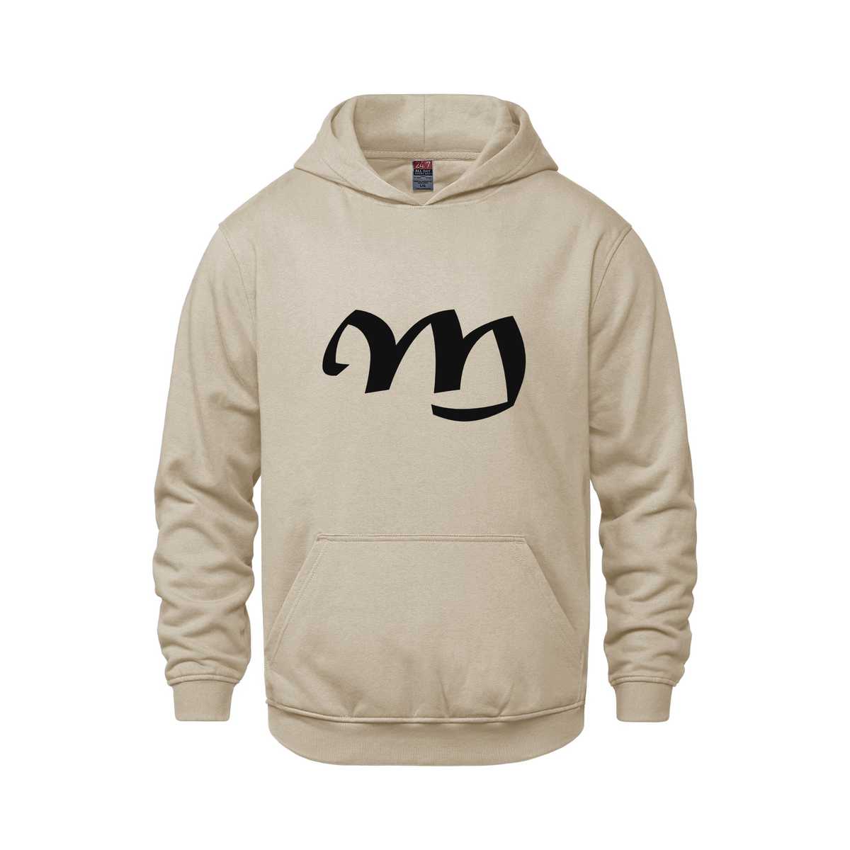 Alphabet M Hoodie 9 inch calligraphy Black ink, Sand