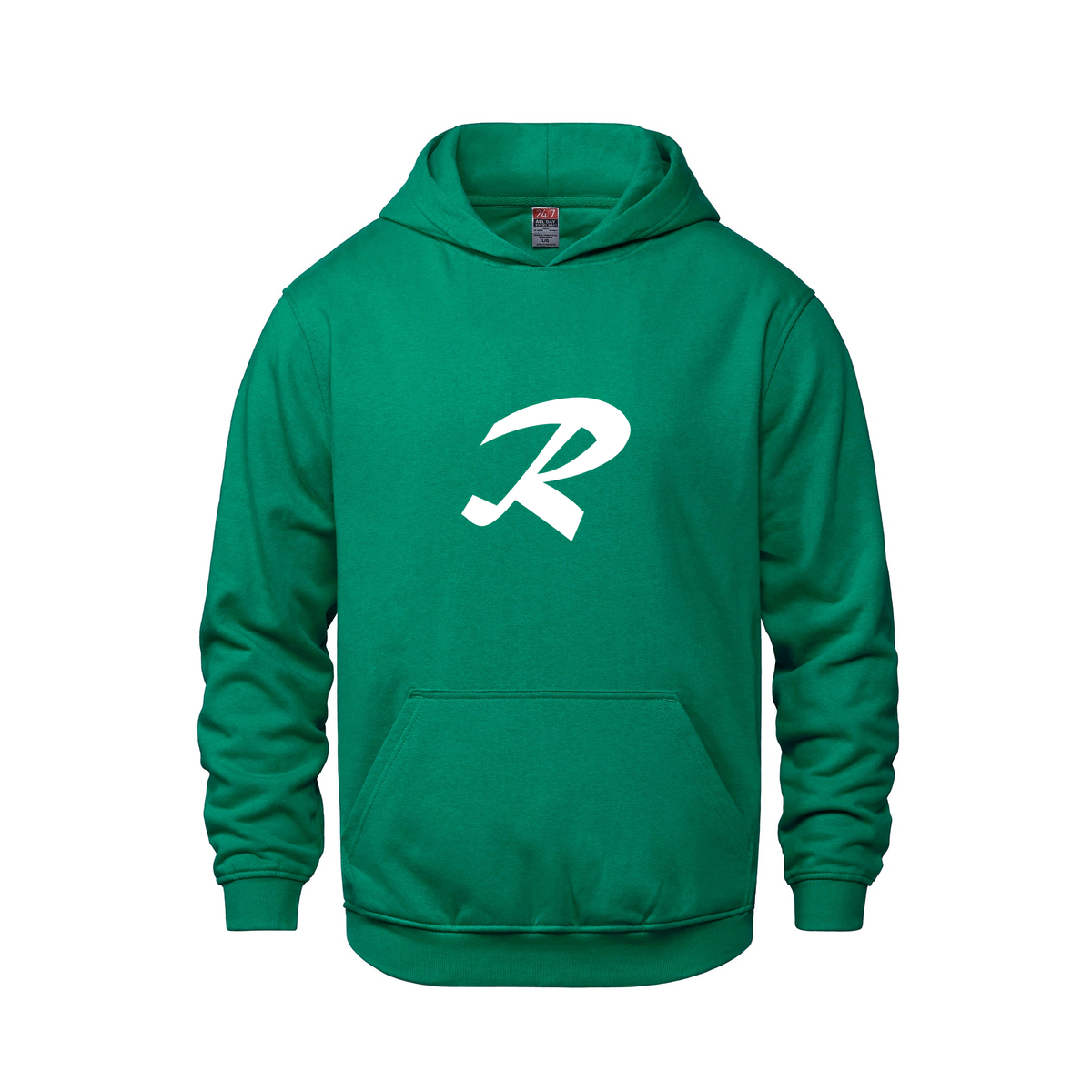 Alphabet R Hoodie 9 inch calligraphy White ink, Kelly Green