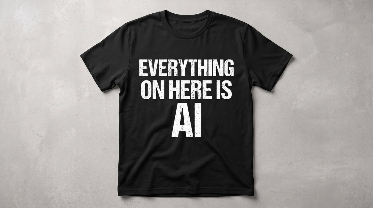 Everything On Here Is AI meme tee — black tee with EVERYTHING ON HERE IS AI in white text