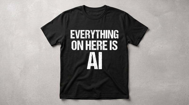 Everything On Here Is AI meme tee — black tee with EVERYTHING ON HERE IS AI in white text