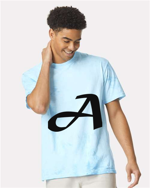 Alphabet A T-Shirt 9 inch calligraphy Black ink, Fiji Blue