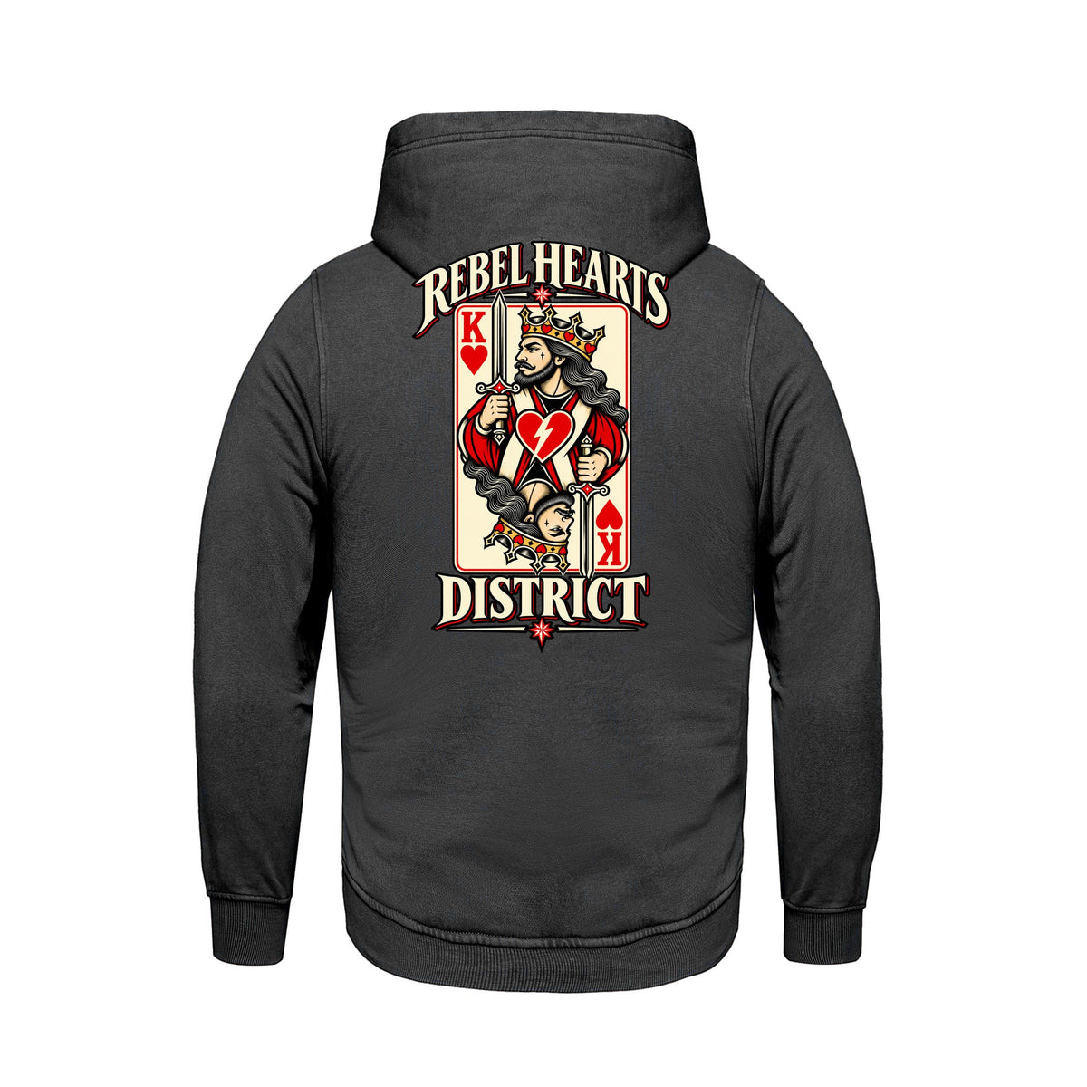 Rebel Hearts District Men's Hoodie — King of Hearts — Vintage Charcoal — back
