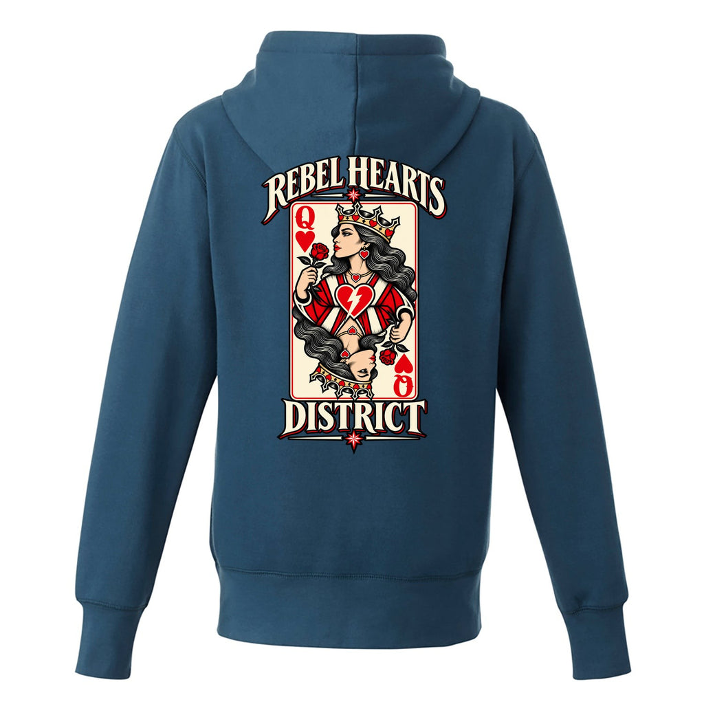 Rebel Hearts District Women's Hoodie — Queen of Hearts — Blue — back