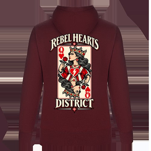 Rebel Hearts District Women's Hoodie — Queen of Hearts — Burgundy — back