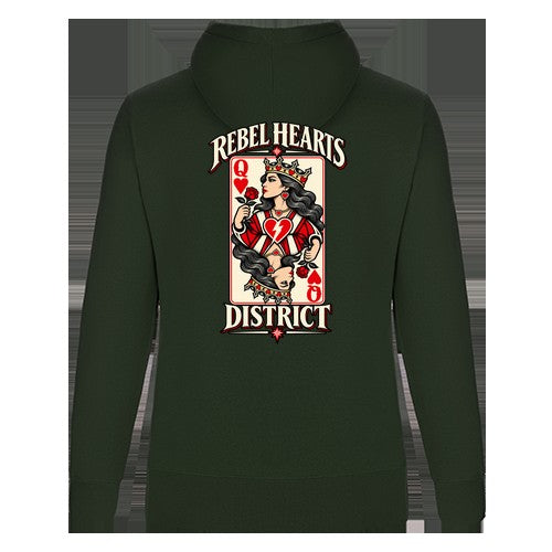 Rebel Hearts District Women's Hoodie — Queen of Hearts — Forest Green — back