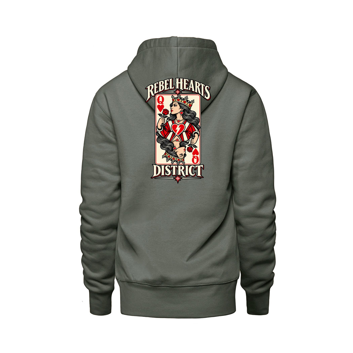 Rebel Hearts District Women's Hoodie — Queen of Hearts — Sage — back