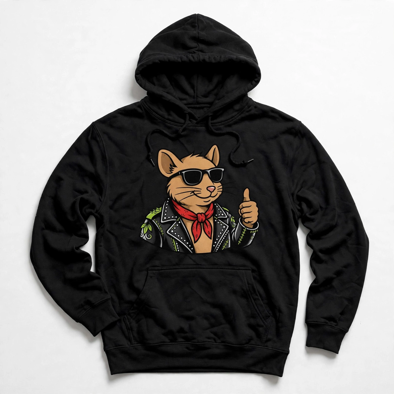 Toronto Mouse Biker Hoodie — black hoodie with original mouse biker artwork