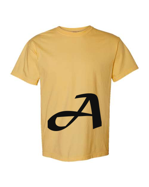 Alphabet A T-Shirt 9 inch calligraphy Black ink, Mustard