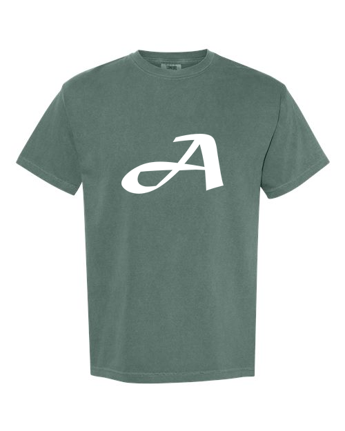 Alphabet A T-Shirt 9 inch calligraphy White ink, Blue Spruce