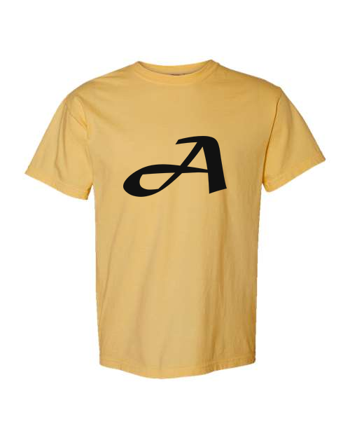 Alphabet A T-Shirt 9 inch calligraphy Black ink, Mustard