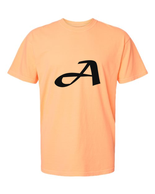 Alphabet A T-Shirt 9 inch calligraphy Black ink, Neon Cantaloupe
